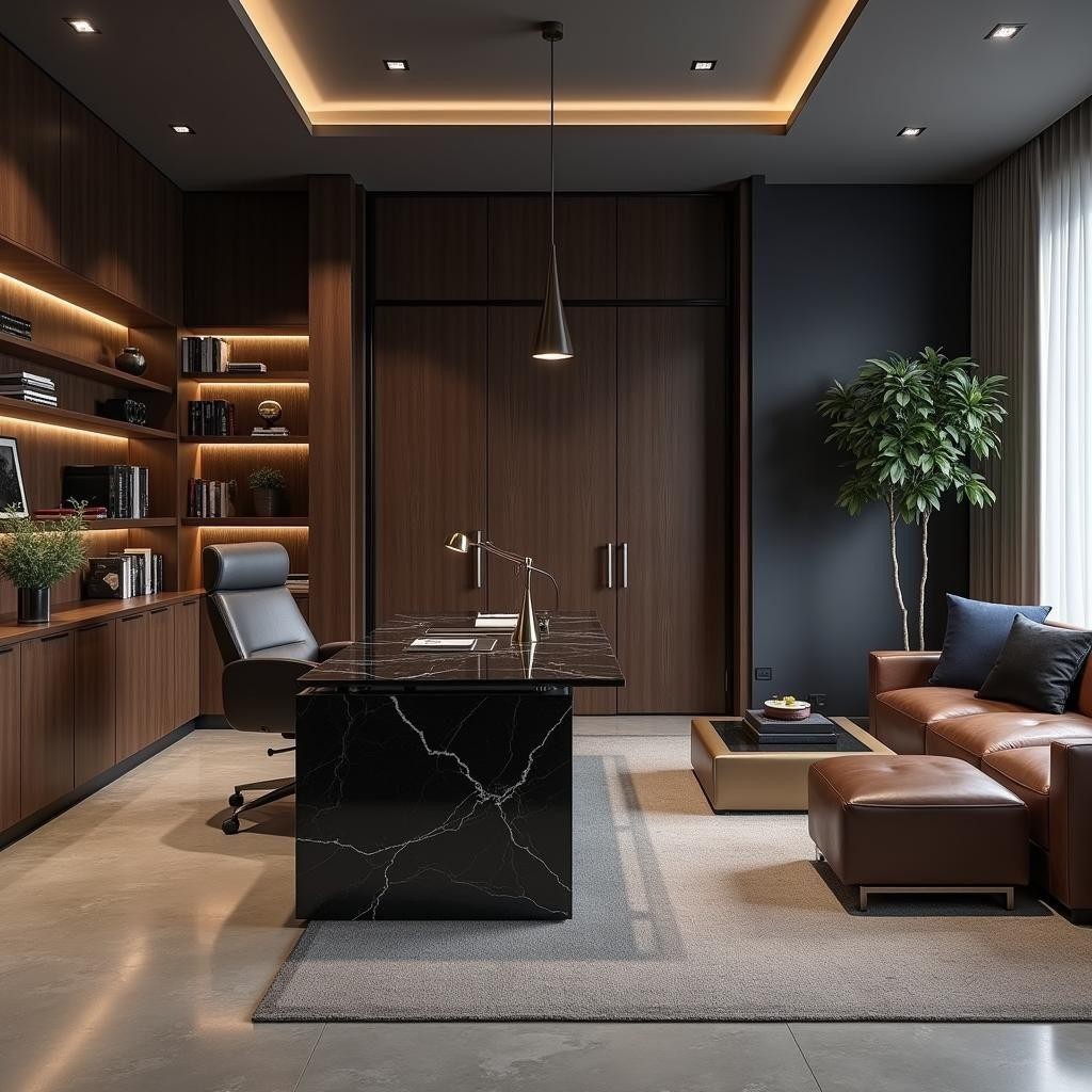Executive office interior with a black stone desk, walnut cabinetry, leather seating and architectural lighting.